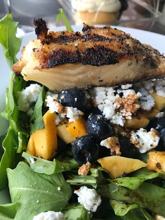 GRILLED SEA BASS WITH MANGO BLUEBERRY SALAD