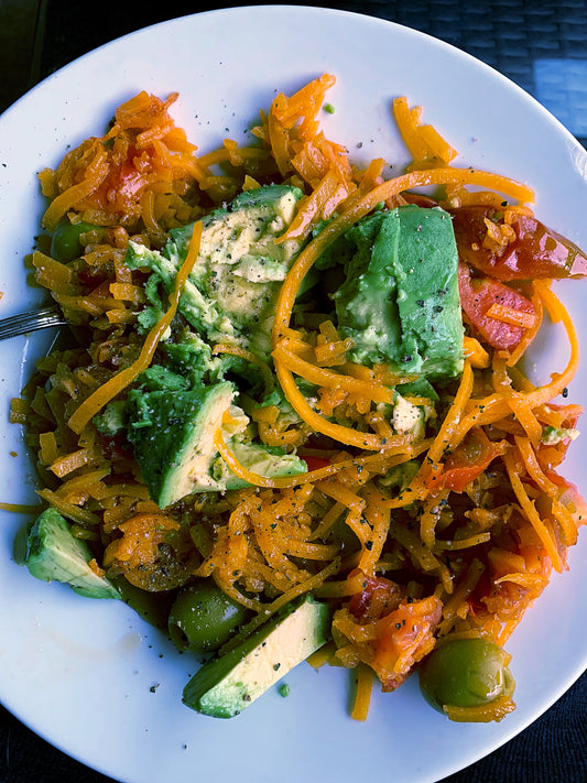 Spaghetti Squash Saute' (instead of pasta) with tomatoes, olives and avocado
